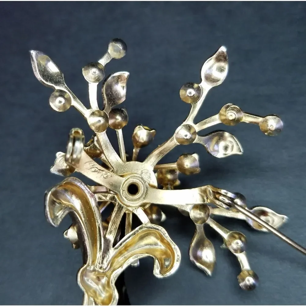 Vintage Signed Coro Pastel Blue Rhinestone Floral Bouquet Gold Tone Brooch Pin